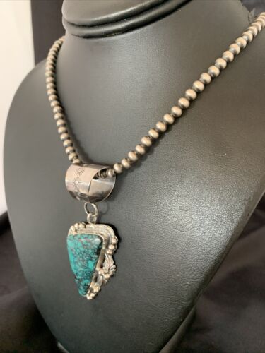 Men's Navajo Blue Spiderweb Turquoise Pendant Necklace | Sterling Silver | Authentic Native American Handmade | 10662