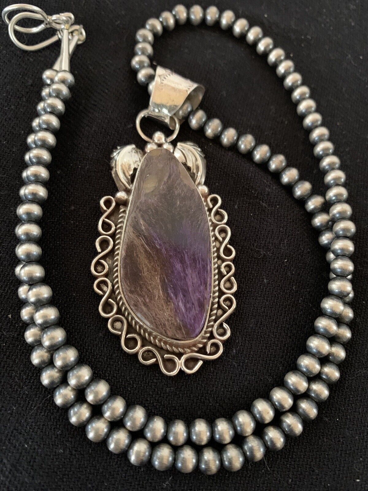 Navajo Pearls Necklace with Purple Charoite Pendant | Sterling Silver | Authentic Native American Handmade | 652