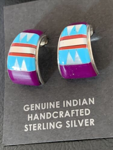 Navajo Multi-Color Turquoise Sugilite Inlay Earrings | Sterling Silver | 0.50" | 12998