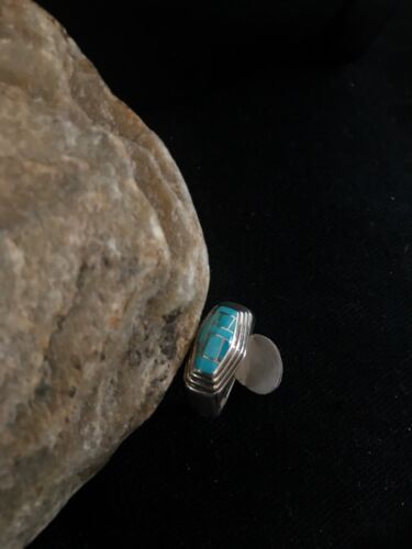 Navajo Sterling Silver Turquoise Inlay Ring | Sz 9.5 | Native American Southwestern | 3434