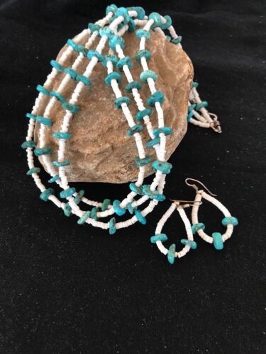 Navajo Sterling Silver 3-Strand Turquoise Necklace with Bone Earrings Set | Authentic Native American Handmade