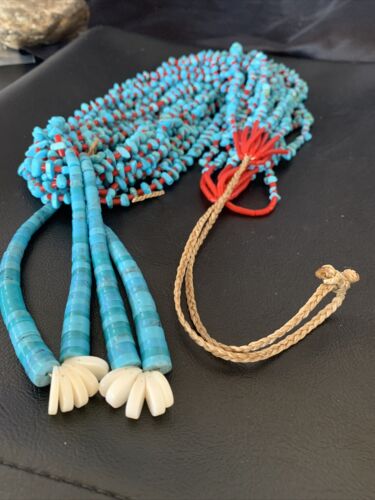 Southwestern Santo Domingo Red Coral Blue Turquoise Necklace | 10 Strand | 40" | 12046