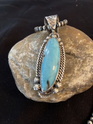 Men's Blue Kingman Turquoise Pendant | Navajo Pearls Sterling Silver Necklace | Authentic Native American Handmade | 01071
