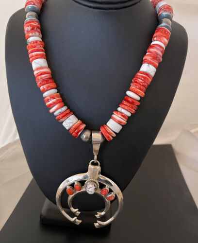 Turquoise Spiny Sterling Squash Blossom Necklace | Navajo Naja Pendant | Navajo Pearls | 21" | 00959