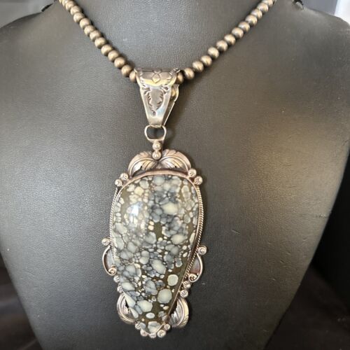 White Buffalo Turquoise Necklace Pendant with Pearls | Sterling Silver | Authentic Native American Handmade | 14805