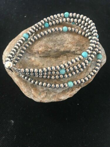 Native American Navajo Pearls Blue Turquoise Bracelet | Sterling Silver | 4-Strand