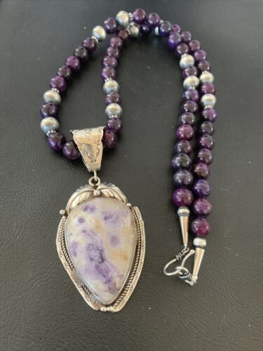 Navajo Purple Sugilite & Amethyst Pendant Necklace | Sterling Silver | Authentic Native American Handmade | 1756