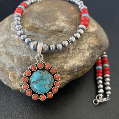 Southwestern Navajo Multi-Stone Necklace | Turquoise Coral Pendant | Sterling Silver | 21" | 12581