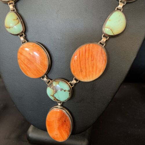 Navajo Lariat Necklace with Green Royston Turquoise & Spiny Oyster Pendant | Sterling Silver | 20" | 13888