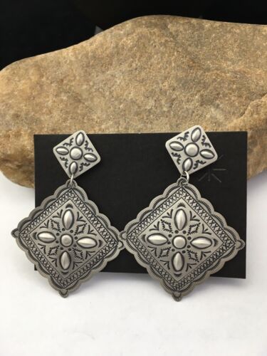 Native American Navajo Stamped Earrings Set | Sterling Silver | 2.75" | 1704