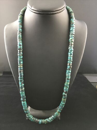 Native American Green Turquoise Heishi Necklace | Sterling Silver | 26" | 13901