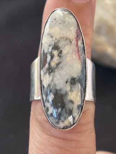 Southwestern Navajo White Black Cinnabrite Ring | Sterling Silver | Sz 7 | 1566