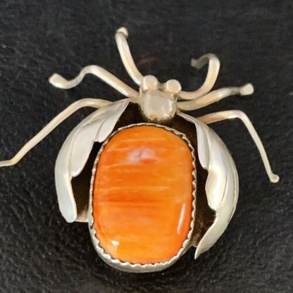 Navajo Spider Pin | Sterling Silver | Orange Spiny Oyster | Authentic Native American Handmade | 13698