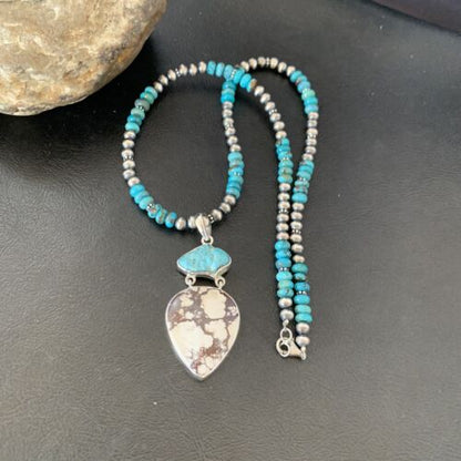 Men's Navajo Pearl Necklace Pendant | Sterling Silver | Blue Turquoise & Wild Horse Multi-Stone | 11756