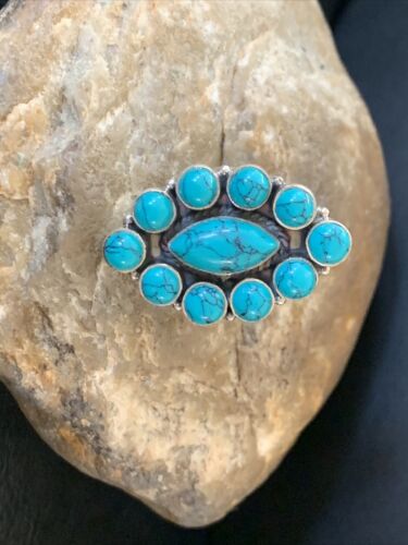 Navajo Blue Turquoise Cluster Ring | Authentic Native American Sterling Silver | Multi-Stone | Sz 8 | 12306