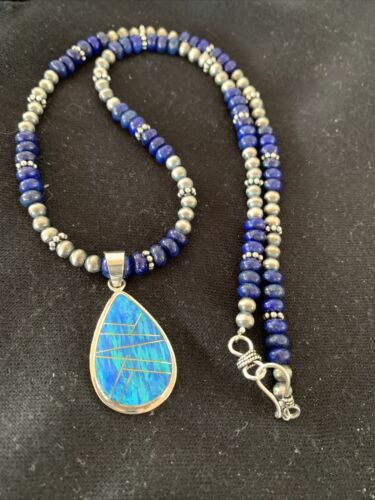 Navajo Pearls Necklace with Lapis, Turquoise, and Blue Opal Pendant | Sterling Silver | 1171
