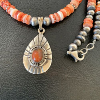 Navajo Pearl Necklace with Red Apple Coral & Spiny Oyster Pendant | Sterling Silver | 12373