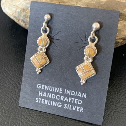 Minimalist Dangle Inlay Navajo Sterling Silver Orange Spiny Oyster Earrings | Handmade | 12679