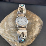 Women's Bear Paw Navajo Sterling Silver Watch Tips with Blue Turquoise Band | Authentic Native American Jewelry | 2095
