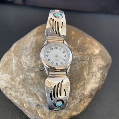 Women's Bear Paw Navajo Sterling Silver Watch Tips with Blue Turquoise Band | Authentic Native American Jewelry | 2095