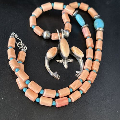 Navajo Pink Coral & Blue Turquoise Necklace with Naja Pendant | Sterling Silver | Native American Handmade | 14813