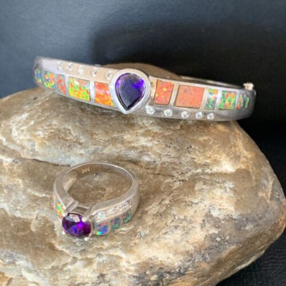 Navajo Sterling Silver Bracelet with Opal and Amethyst | 7" | Ring Sz 6 | Native American Handmade | 13120