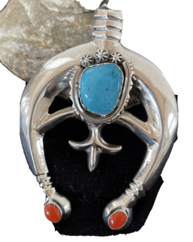 Navajo Sterling Silver Naja Pendant | Turquoise & Spiny Oyster | Authentic Native American Handmade | 1060