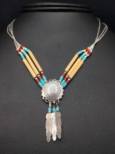 Navajo Concho Heishi Tubes Necklace | 3 Strand Liquid Sterling Silver | Authentic Native American Handmade | 4373