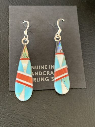 Navajo Multi-Color Turquoise Spiny Opal Inlay Earrings | Sterling Silver | 1.5" | 12999