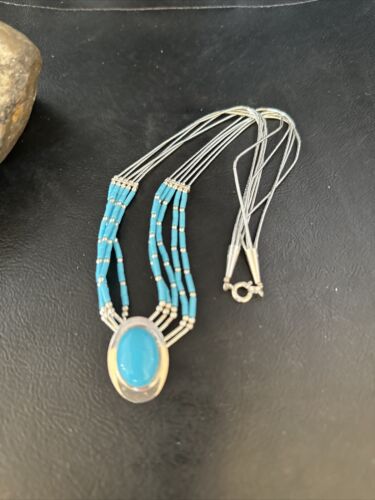 Navajo Liquid Silver Heishi 5-Strand Necklace | Turquoise Pendant | Sterling Silver | 14821