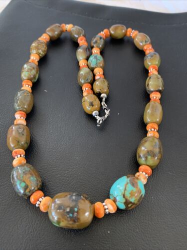 Navajo Green Turquoise & Orange Spiny Oyster Necklace | Sterling Silver | 23" | Authentic Native American Handmade | 1848
