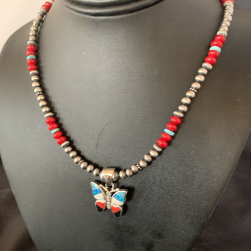 Opal Inlay Butterfly Pendant | Navajo Sterling Silver | Coral & Turquoise | 21" | 12582