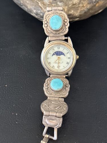 Old Pawn Women's Blue Turquoise Navajo Sterling Silver Watch Tips | Authentic Native American Jewelry | 14757