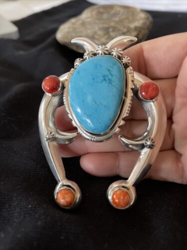 Navajo Turquoise & Coral Naja Tufa Cast Pendant | Authentic Native American Handmade | Sterling Silver | 01061