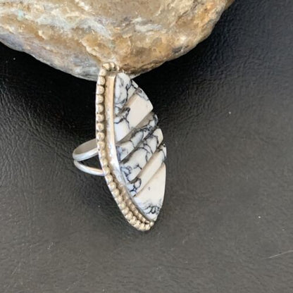 Navajo White Buffalo Turquoise Inlay Ring | Sterling Silver | Sz 7 | Authentic Native American Handmade | 12176