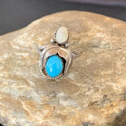 Navajo Blue Turquoise Moonstone Ring | Authentic Native American Sterling Silver | Multi-Stone | Sz 6.5 | 10770