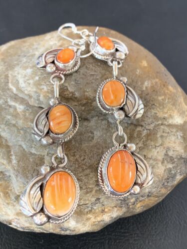 Navajo Orange Spiny Oyster Dangle Earrings | Sterling Silver | Authentic Native American Handmade | 1226