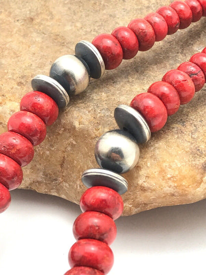 Authentic Native American Navajo Sterling Silver Necklace | Apple Sponge Coral Graduated Beads | 25" | 4558