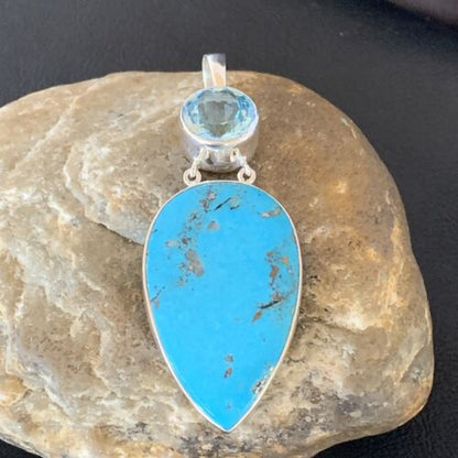 Southwestern Navajo Blue Topaz Turquoise Pendant | Sterling Silver | 3" | 10711