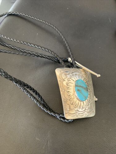 Men's Bolo Tie | Navajo Blue Kingman Turquoise | Sterling Silver | Authentic Native American Handmade | 12144