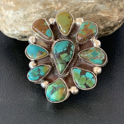 Navajo Green Turquoise Multi-Stone Cluster Ring | Authentic Native American Sterling Silver | Sz 11 | 02195