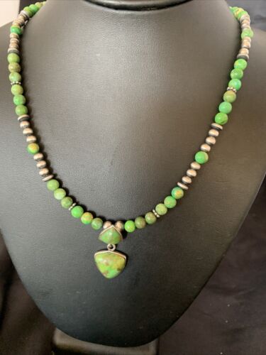 Navajo Green Gaspeite Turquoise Pendant | Sterling Silver | Authentic Native American Handmade | 12343