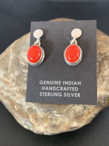 Native American Navajo Red Coral Dangle Earrings | Sterling Silver | 1" | 13114