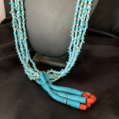 Native American Santo Domingo Blue Turquoise Coral Jacla Necklace | 5 Strand Nugget Bead | 34" | 13182