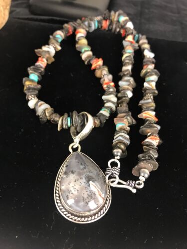 Navajo Turquoise Spiny Oyster Abalone Pendant Necklace | Sterling Silver | Authentic Native American Handmade | 11886