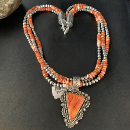 Navajo Red Spiny Oyster Pendant | Sterling Silver | Native American Pearls Necklace | Multi-Strand | 1658