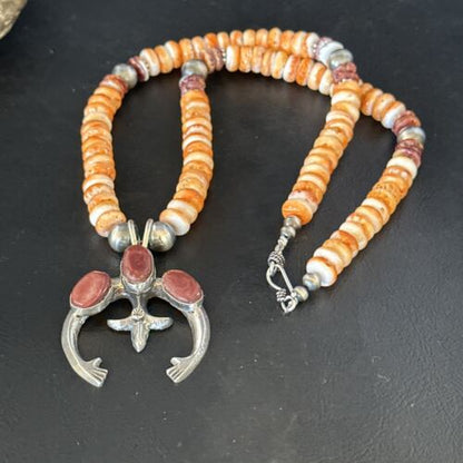 Navajo Purple Orange Spiny Oyster Naja Pendant Necklace | Sterling Silver | 14812