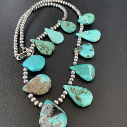 Southwestern Navajo Pearls Necklace | Sterling Silver Blue Turquoise Teardrop | 13149