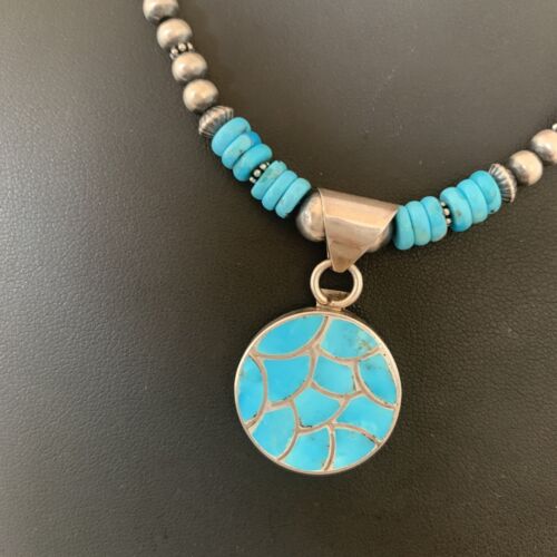 Southwestern Zuni Turquoise Necklace | Sterling Silver Inlay Pendant | Authentic Native American Handmade | 2089