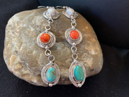 Navajo Spiny, Turquoise & Howlite Dangle Earrings | Sterling Silver | Authentic Native American Handmade | 1570
